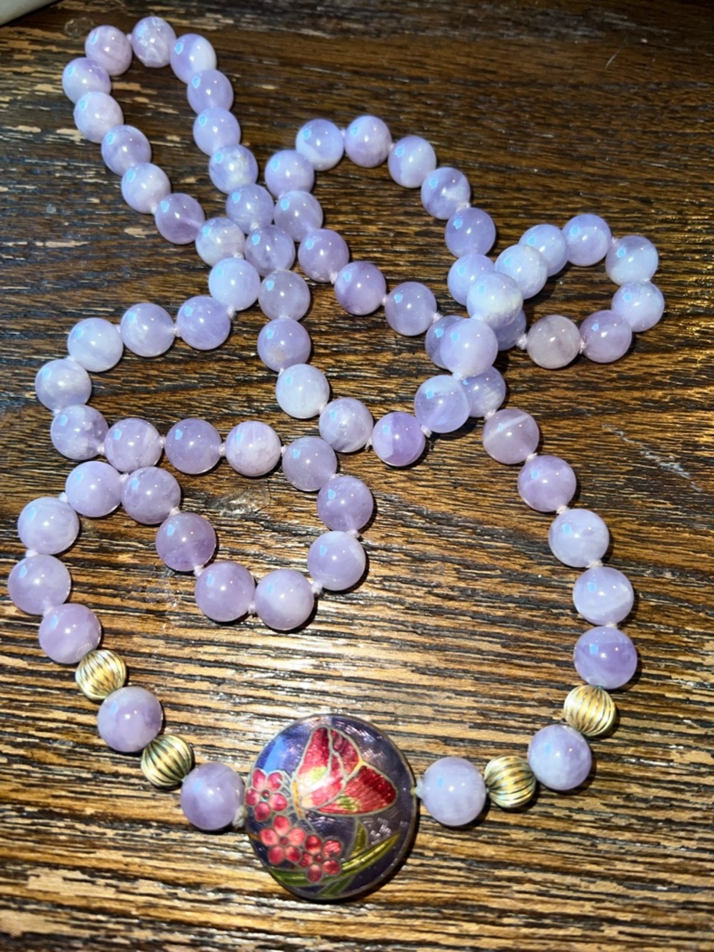 Vintage Individually Knotted Purple Lavender Amethyst Asian Cloisonne Necklace